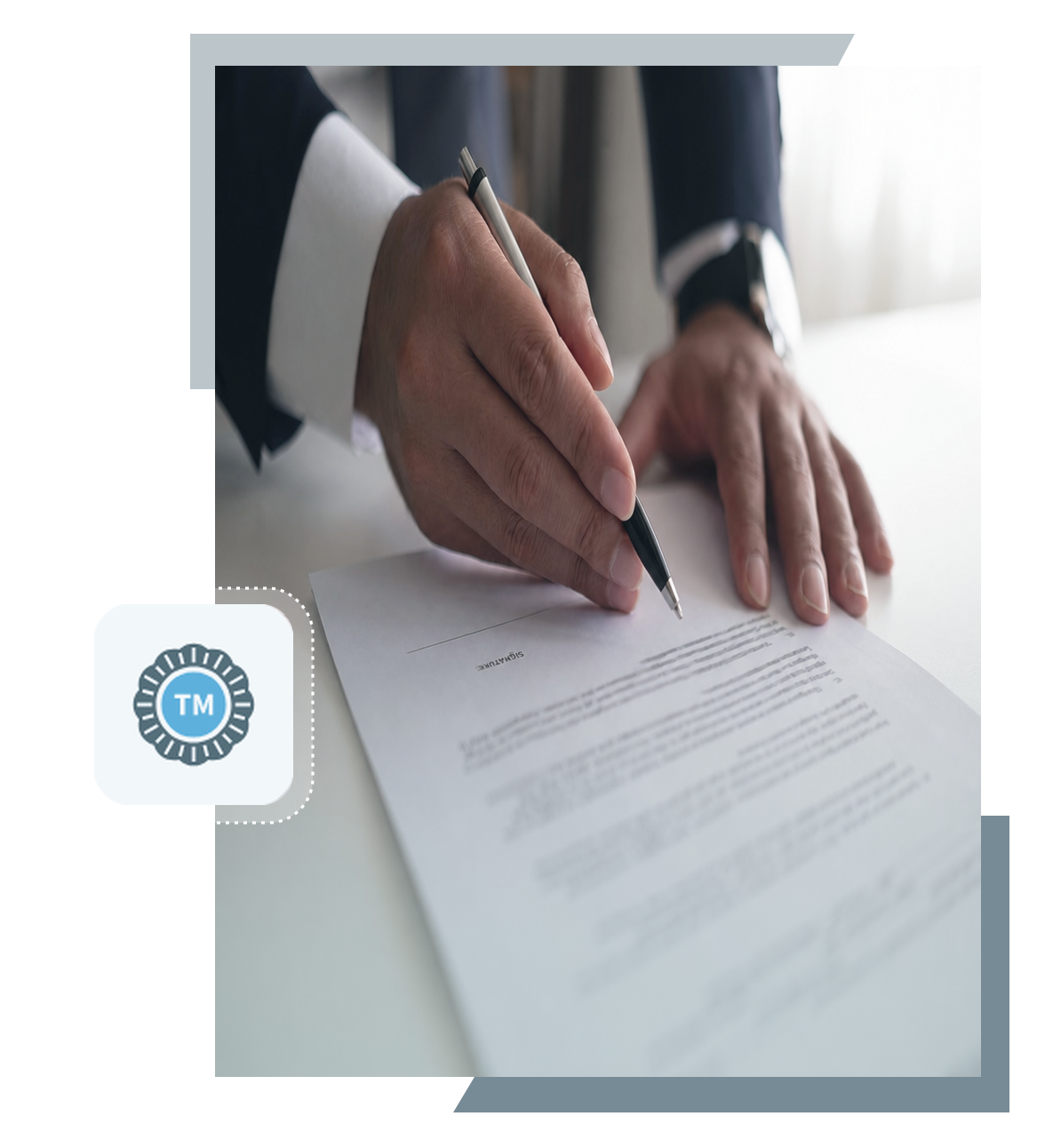 Hand signing a trademark document with TM symbol icon