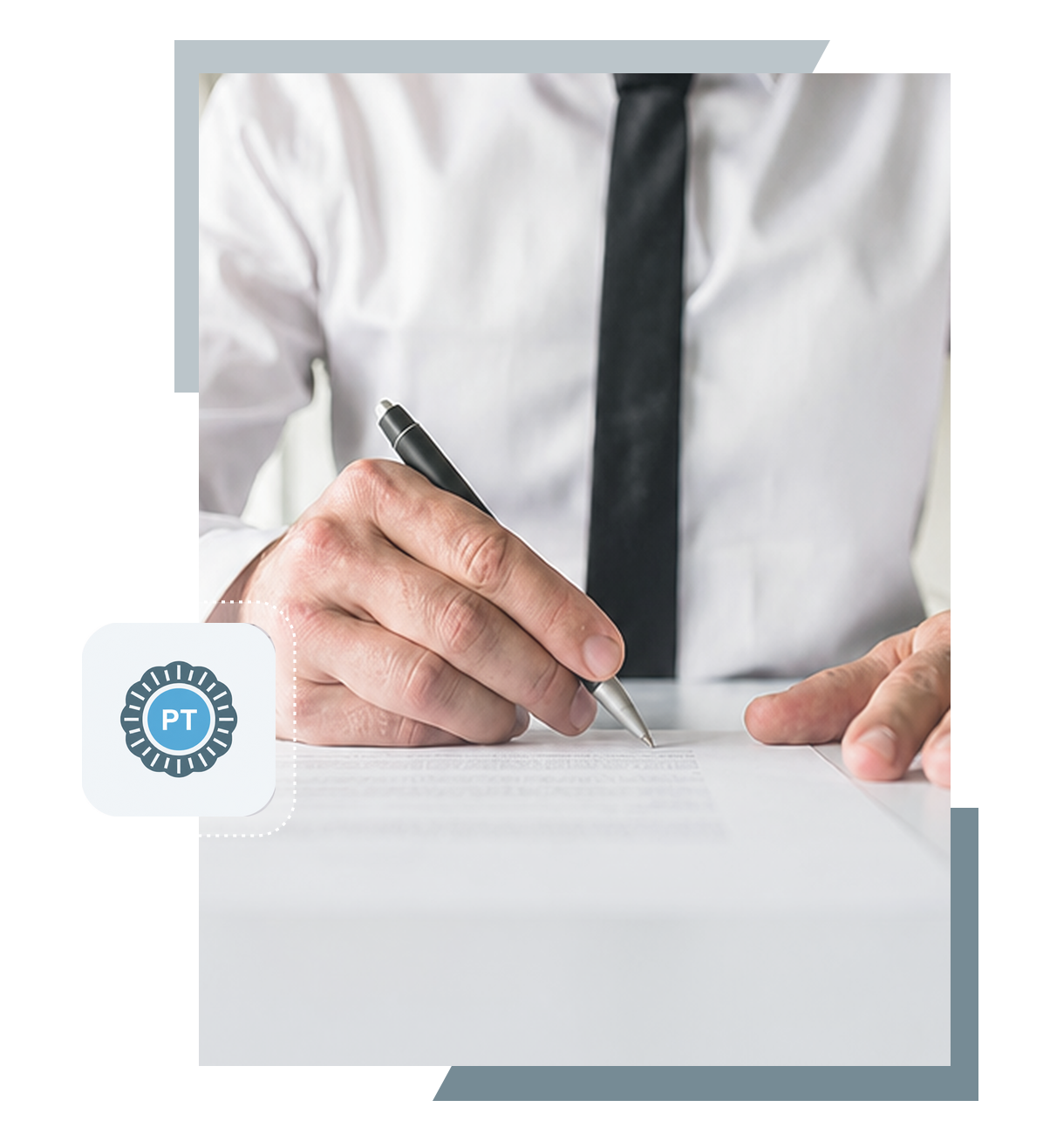 Professional signing registration papers with Brealant
